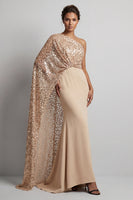 Laden Sie das Bild in den Galerie-Viewer, Glitzerndes Champagner-Pailletten, ein schulterlanges Mutter-der-der-Braut-Kleid mit Seitenumhang