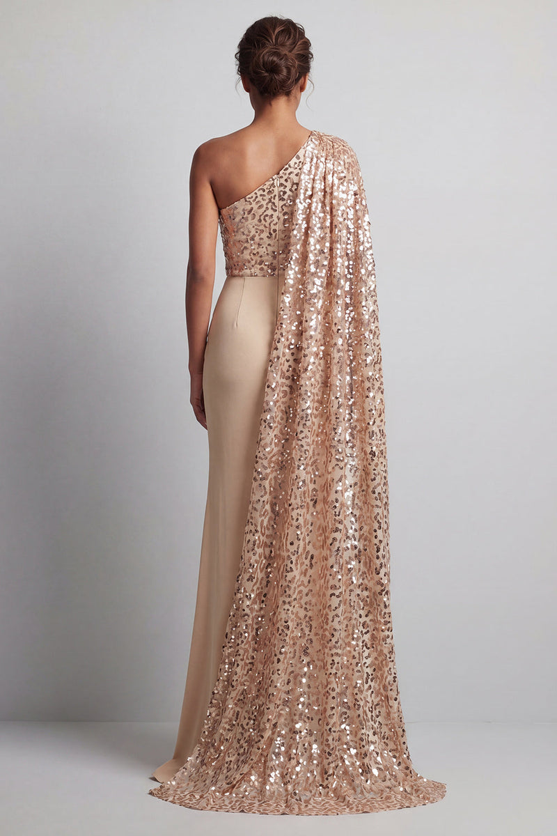 Laden Sie das Bild in den Galerie-Viewer, Glitzerndes Champagner-Pailletten, ein schulterlanges Mutter-der-der-Braut-Kleid mit Seitenumhang