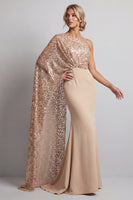 Laden Sie das Bild in den Galerie-Viewer, Glitzerndes Champagner-Pailletten, ein schulterlanges Mutter-der-der-Braut-Kleid mit Seitenumhang