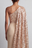 Laden Sie das Bild in den Galerie-Viewer, Glitzerndes Champagner-Pailletten, ein schulterlanges Mutter-der-der-Braut-Kleid mit Seitenumhang