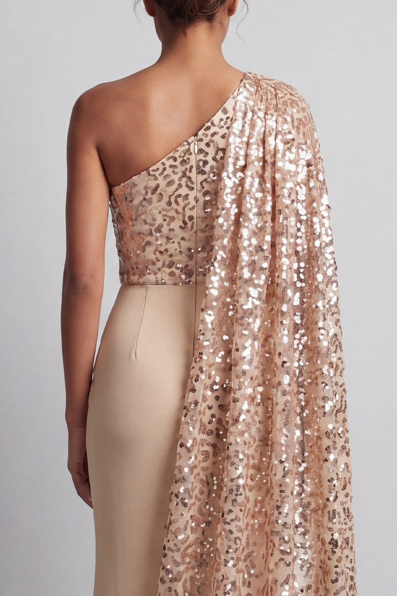 Laden Sie das Bild in den Galerie-Viewer, Glitzerndes Champagner-Pailletten, ein schulterlanges Mutter-der-der-Braut-Kleid mit Seitenumhang