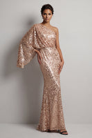 Laden Sie das Bild in den Galerie-Viewer, Glitzerndes Champagner-Pailletten, ein schulterlanges Mutter-der-der-Braut-Kleid mit ärmelnden Ärmeln
