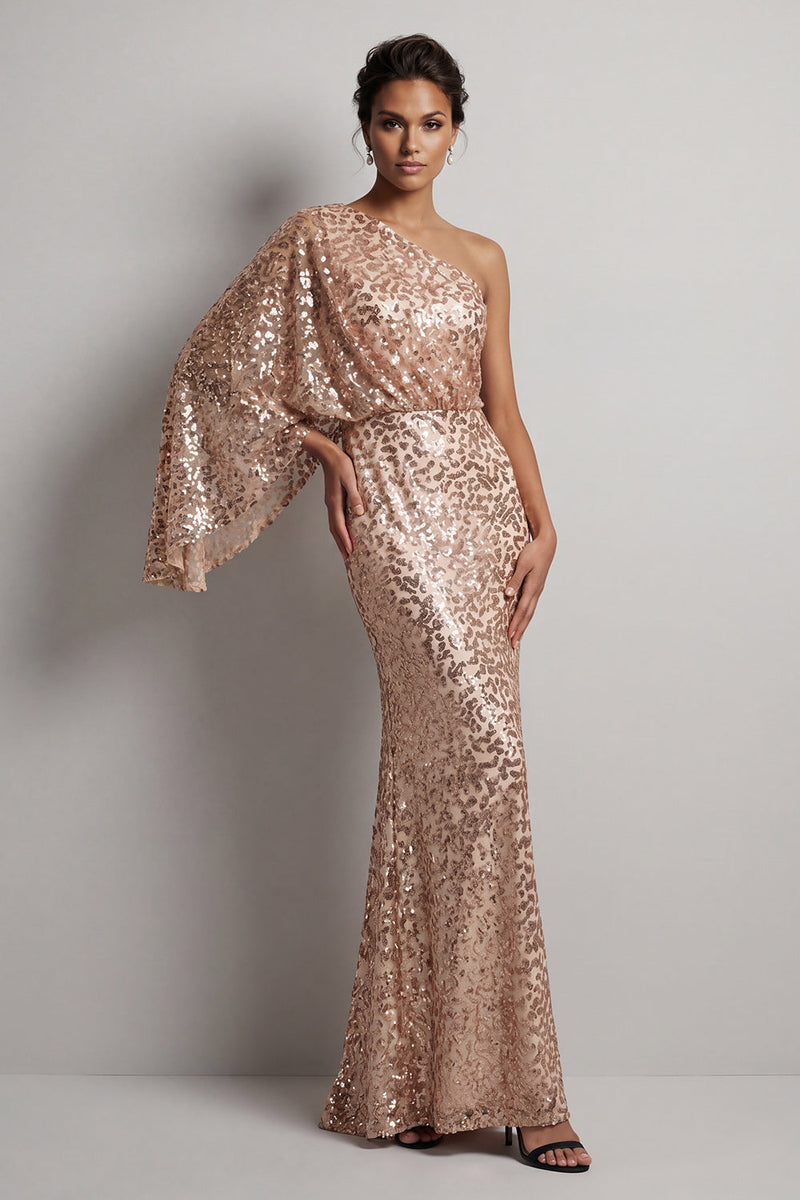 Laden Sie das Bild in den Galerie-Viewer, Glitzerndes Champagner-Pailletten, ein schulterlanges Mutter-der-der-Braut-Kleid mit ärmelnden Ärmeln