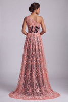 Laden Sie das Bild in den Galerie-Viewer, Wassermelone und schwarze einschulterige Spitzen-Meerjungfrauen-Langes Mutter-der-Braut-Kleid mit Umhang