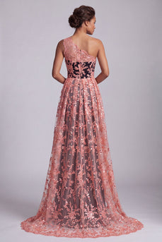 Wassermelone und schwarze einschulterige Spitzen-Meerjungfrauen-Langes Mutter-der-Braut-Kleid mit Umhang