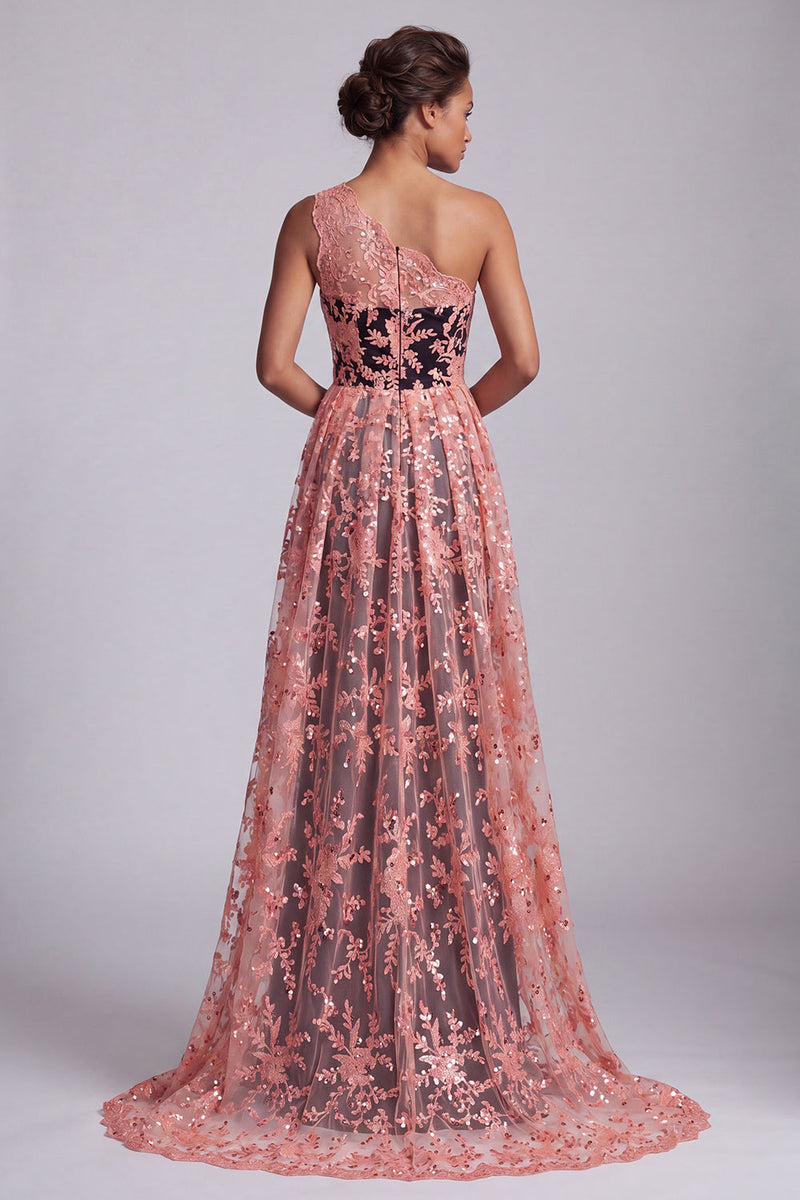 Laden Sie das Bild in den Galerie-Viewer, Wassermelone und schwarze einschulterige Spitzen-Meerjungfrauen-Langes Mutter-der-Braut-Kleid mit Umhang