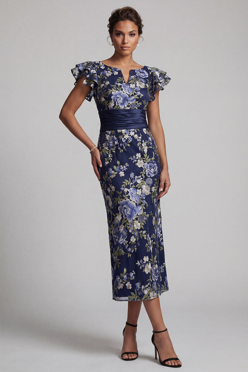Laden Sie das Bild in den Galerie-Viewer, Marineblaue Blumenscheide mit Rüschenärmeln und langen Mutter-der-der-Braut-Kleid