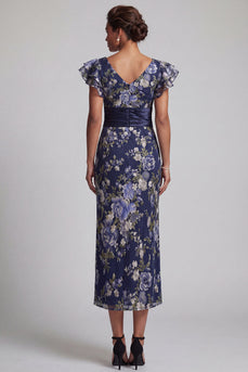 Marineblaue Blumenscheide mit Rüschenärmeln und langen Mutter-der-der-Braut-Kleid
