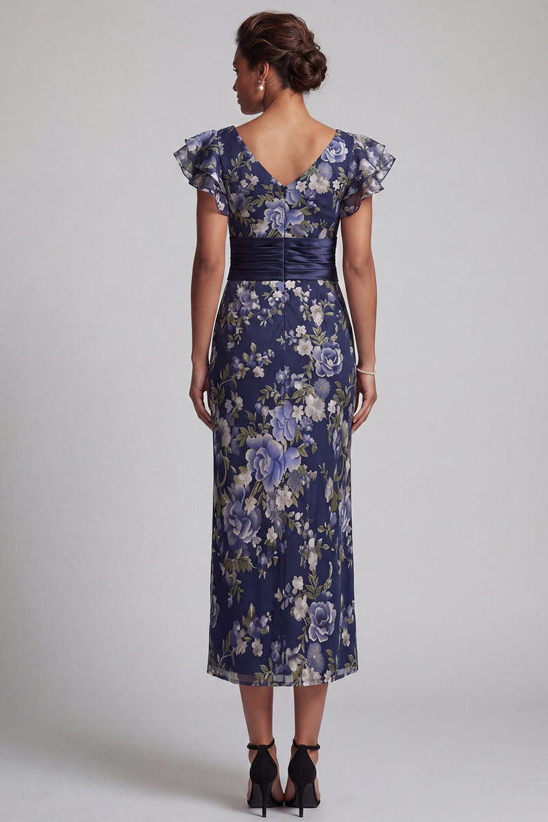 Laden Sie das Bild in den Galerie-Viewer, Marineblaue Blumenscheide mit Rüschenärmeln und langen Mutter-der-der-Braut-Kleid
