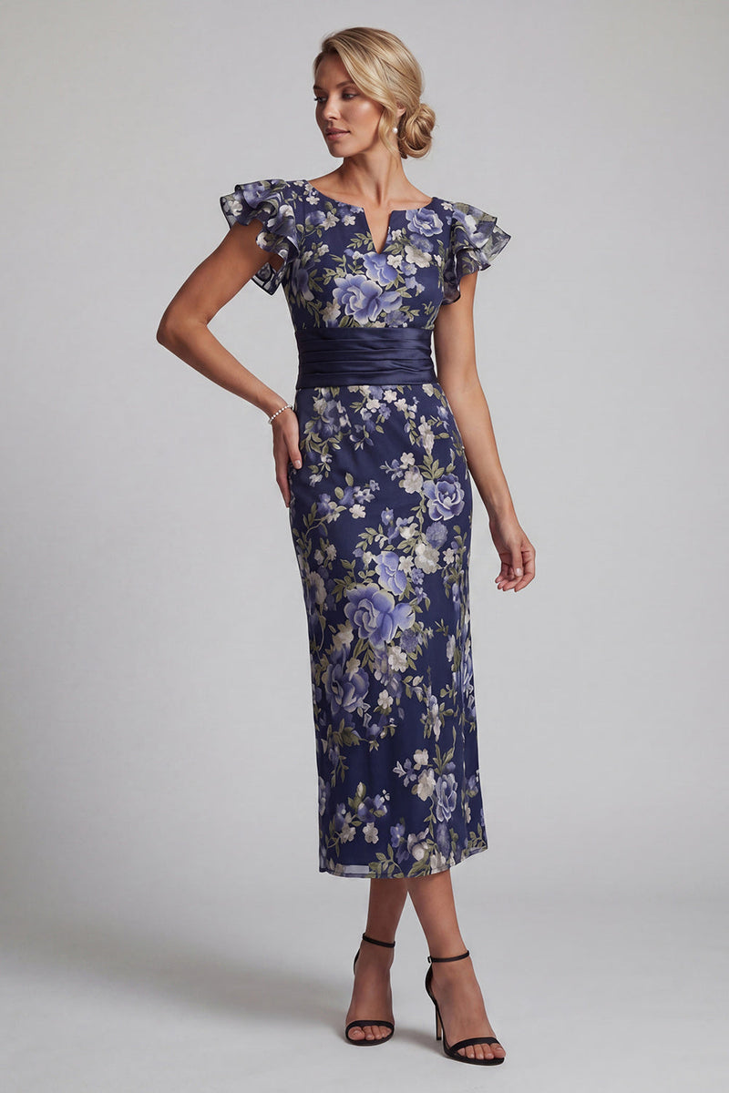 Laden Sie das Bild in den Galerie-Viewer, Marineblaue Blumenscheide mit Rüschenärmeln und langen Mutter-der-der-Braut-Kleid