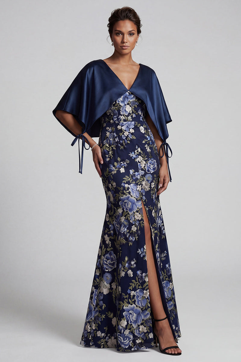 Laden Sie das Bild in den Galerie-Viewer, Marineblaues Blumen-Meerjungfrauenkleid Lange Mutter der Braut mit Umhang