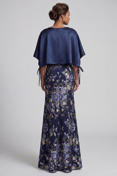 Marineblaues Blumen-Meerjungfrauenkleid Lange Mutter der Braut mit Umhang