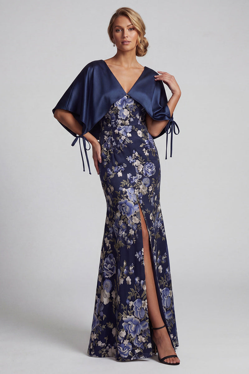 Laden Sie das Bild in den Galerie-Viewer, Marineblaues Blumen-Meerjungfrauenkleid Lange Mutter der Braut mit Umhang