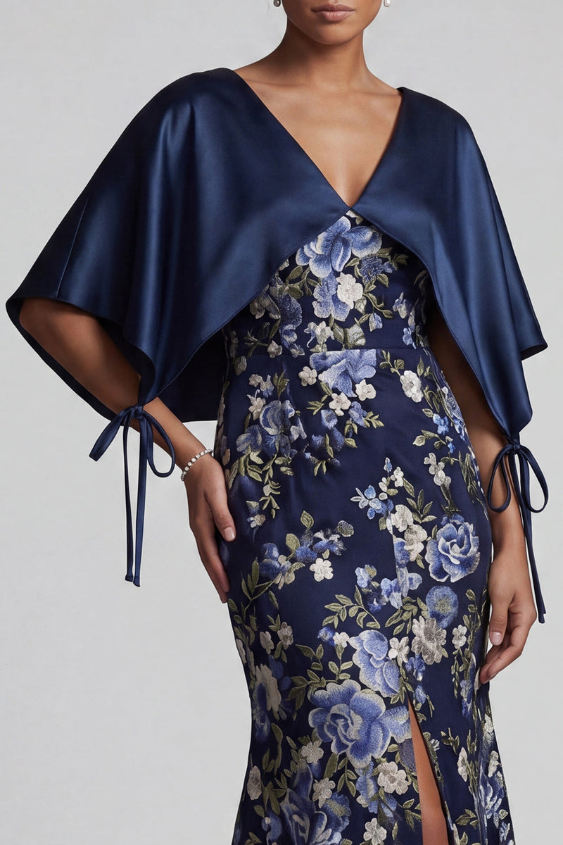 Laden Sie das Bild in den Galerie-Viewer, Marineblaues Blumen-Meerjungfrauenkleid Lange Mutter der Braut mit Umhang