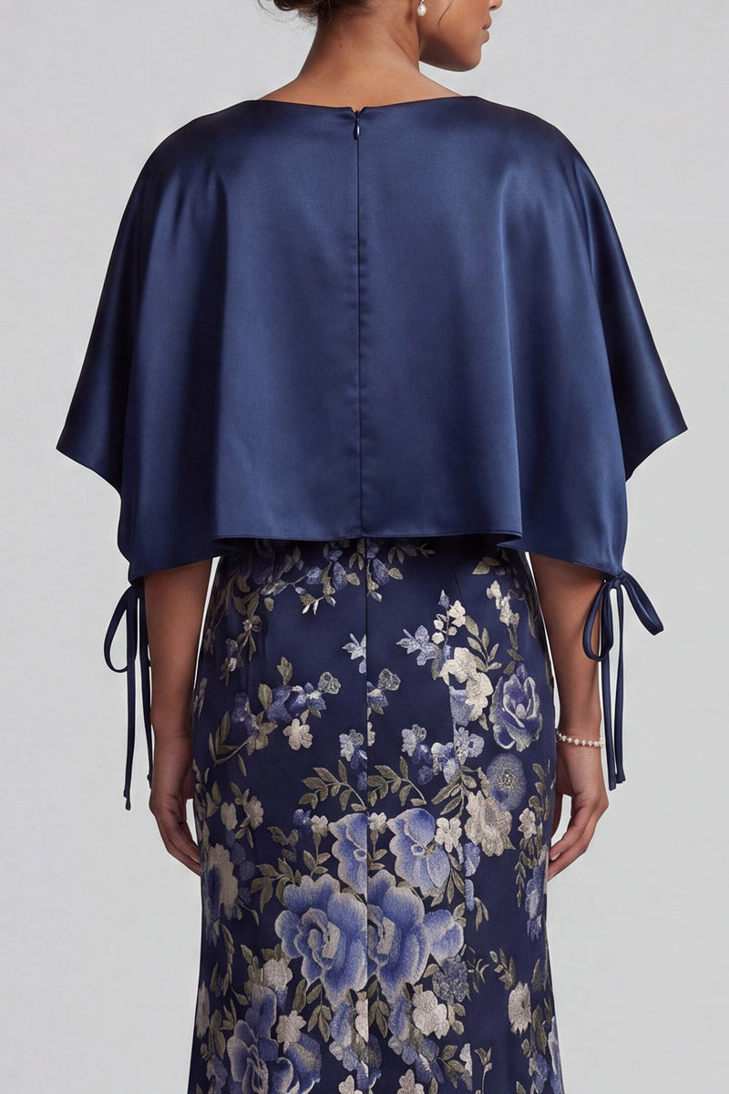 Laden Sie das Bild in den Galerie-Viewer, Marineblaues Blumen-Meerjungfrauenkleid Lange Mutter der Braut mit Umhang