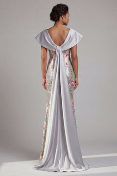 Glitzerndes silbernes Blumenpailletten-Meerjungfrauen-Kleber Lange Mutter der Braut mit Umhang