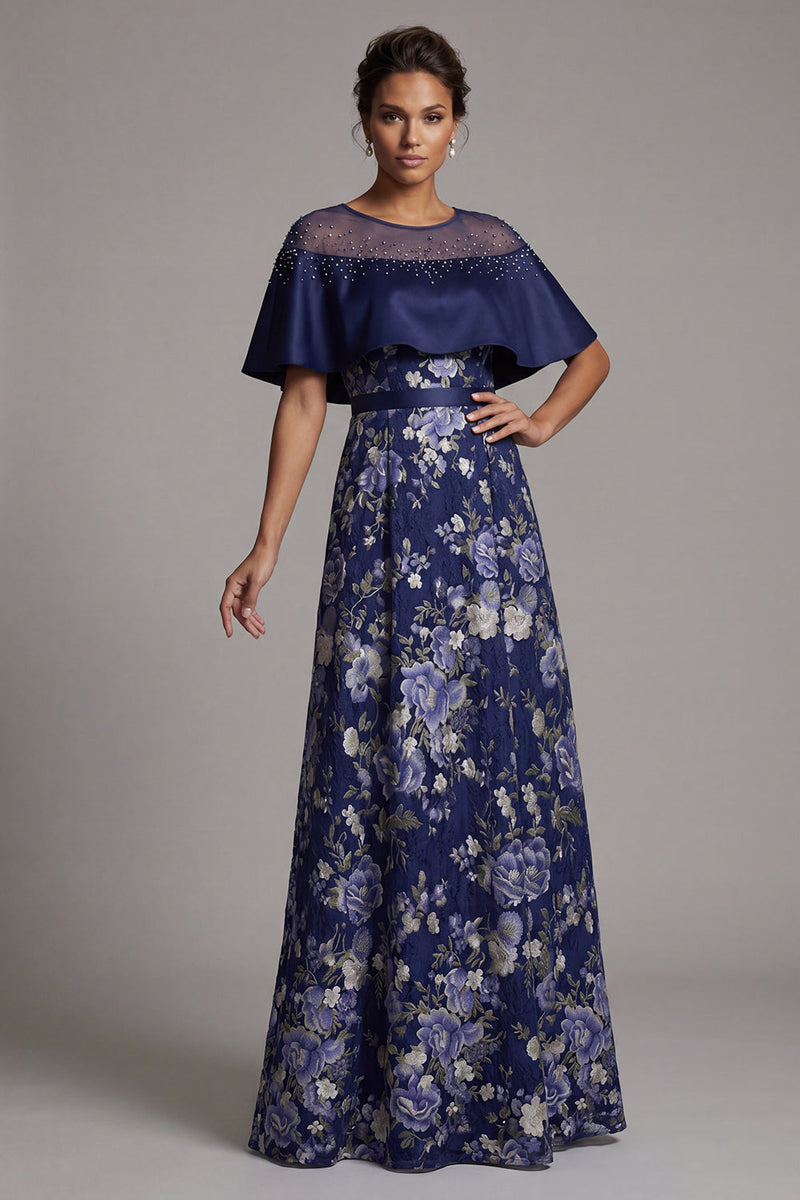 Laden Sie das Bild in den Galerie-Viewer, Marineblaue Blumenperlen, ein langes Mutter-der-der-Braut-Kleid mit Umhang