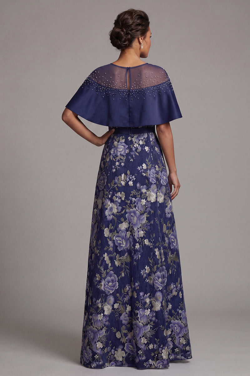 Laden Sie das Bild in den Galerie-Viewer, Marineblaue Blumenperlen, ein langes Mutter-der-der-Braut-Kleid mit Umhang