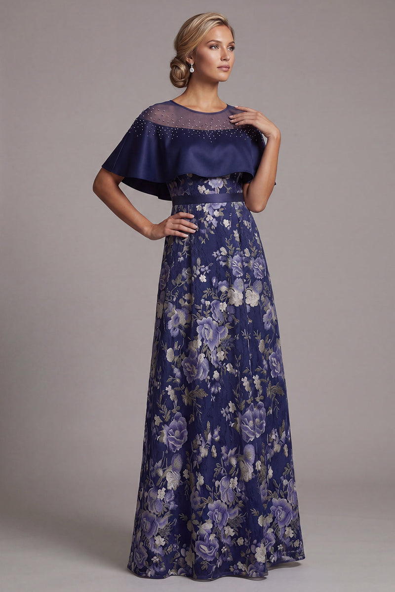 Laden Sie das Bild in den Galerie-Viewer, Marineblaue Blumenperlen, ein langes Mutter-der-der-Braut-Kleid mit Umhang