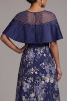 Laden Sie das Bild in den Galerie-Viewer, Marineblaue Blumenperlen, ein langes Mutter-der-der-Braut-Kleid mit Umhang