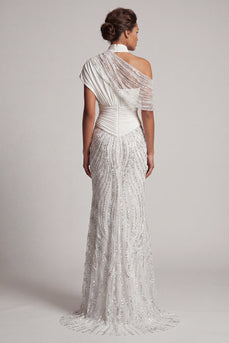 Glitzernde weiße Perlen-Meerjungfrau, lange Mutter der Braut, Kleid