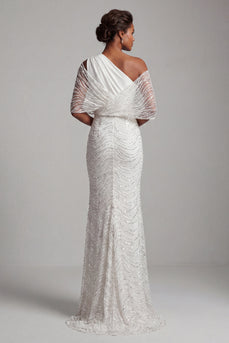 Glitzernde weiße, perlenbesetzte Meerjungfrau, ein schulterlanges Mutter-der-der-Braut-Kleid