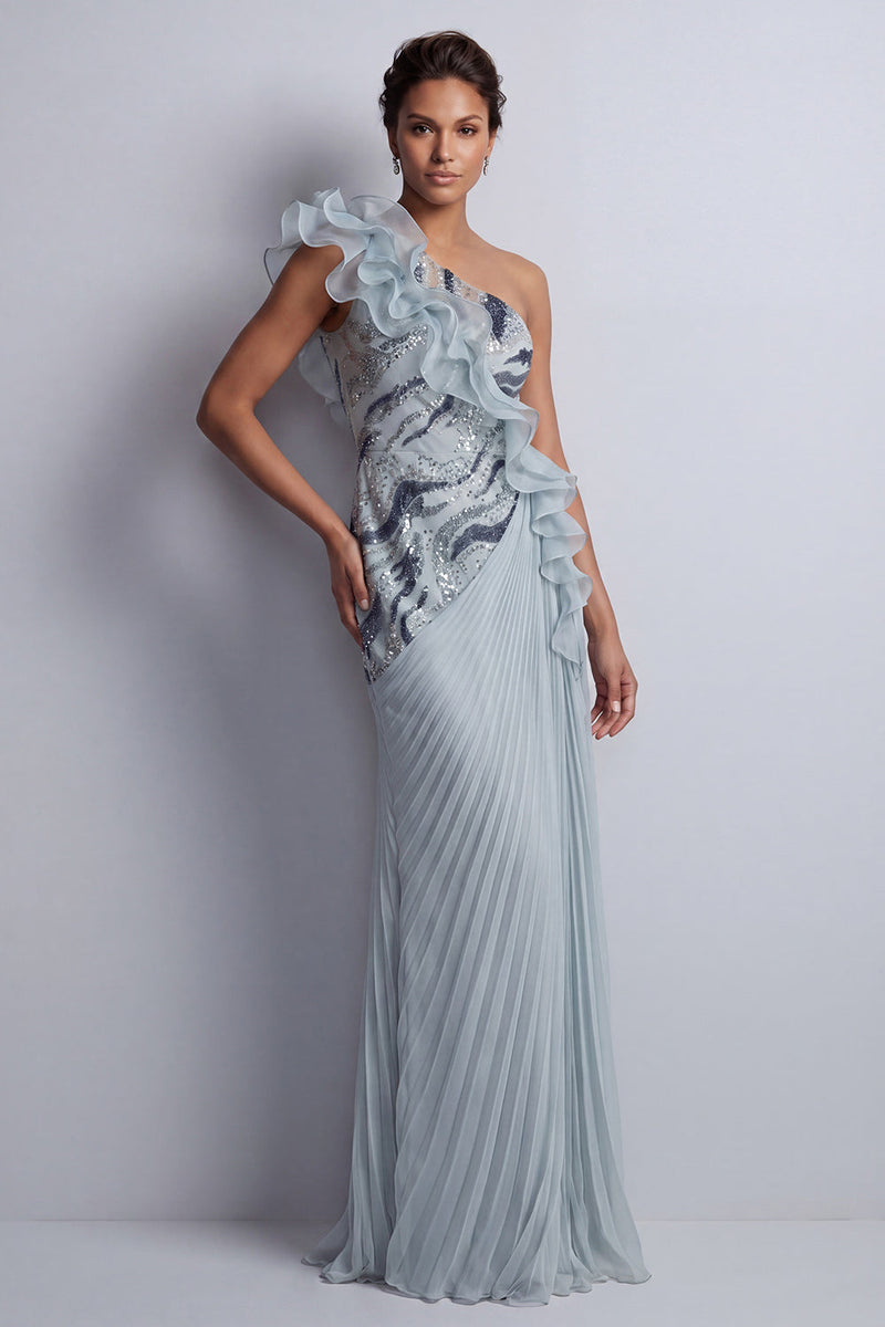 Laden Sie das Bild in den Galerie-Viewer, Glitzerndes, staubiges blaues Chiffon mit Rüschen eines schulterlangen Mutter-der-Braut-Kleid