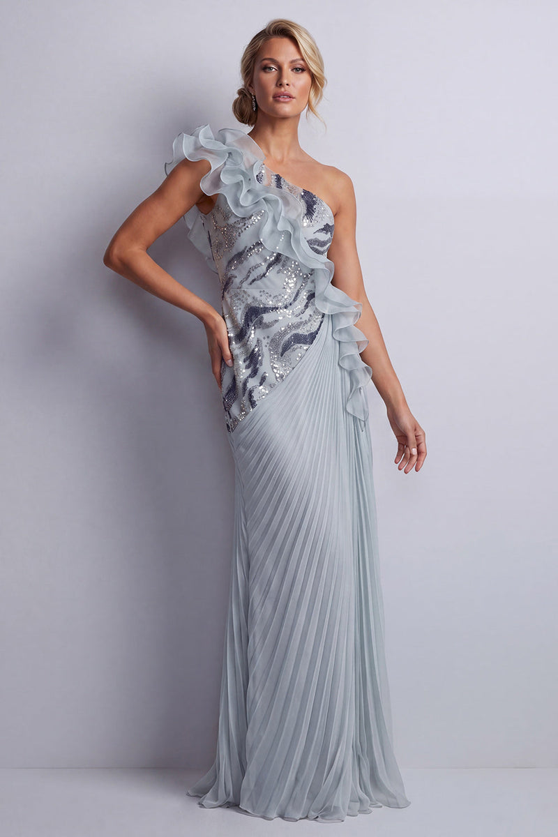 Laden Sie das Bild in den Galerie-Viewer, Glitzerndes, staubiges blaues Chiffon mit Rüschen eines schulterlangen Mutter-der-Braut-Kleid