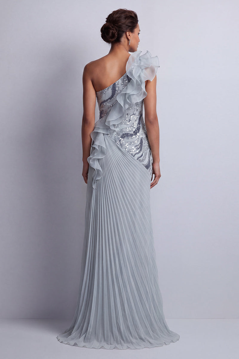 Laden Sie das Bild in den Galerie-Viewer, Glitzerndes, staubiges blaues Chiffon mit Rüschen eines schulterlangen Mutter-der-Braut-Kleid