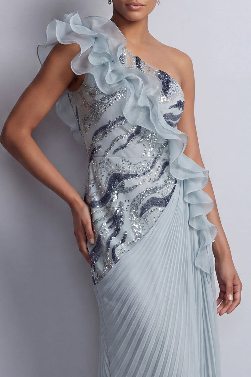 Laden Sie das Bild in den Galerie-Viewer, Glitzerndes, staubiges blaues Chiffon mit Rüschen eines schulterlangen Mutter-der-Braut-Kleid