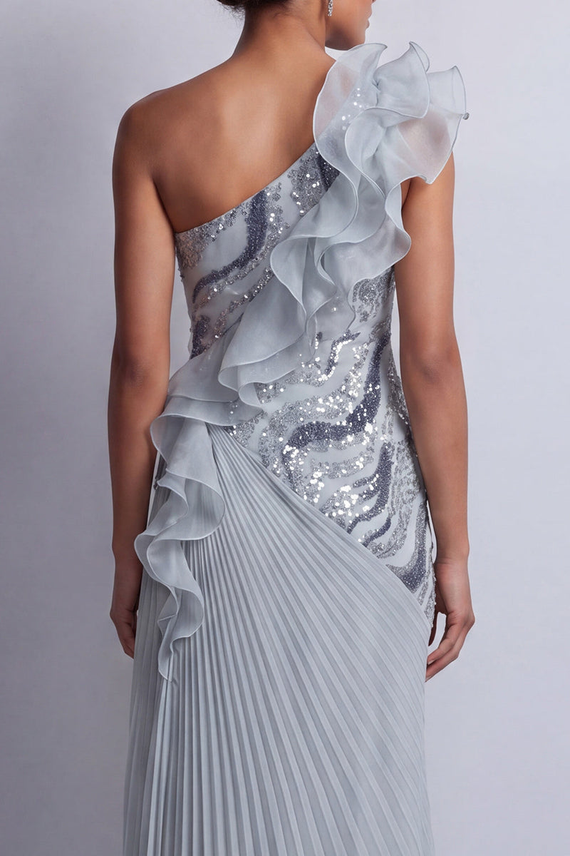 Laden Sie das Bild in den Galerie-Viewer, Glitzerndes, staubiges blaues Chiffon mit Rüschen eines schulterlangen Mutter-der-Braut-Kleid