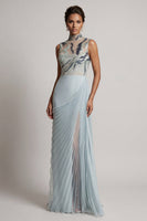 Laden Sie das Bild in den Galerie-Viewer, Staubiges blaues Chiffon-Plissiert, hochhalsiger langer Mutter-der-der-Braut-Kleid