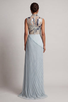 Staubiges blaues Chiffon-Plissiert, hochhalsiger langer Mutter-der-der-Braut-Kleid