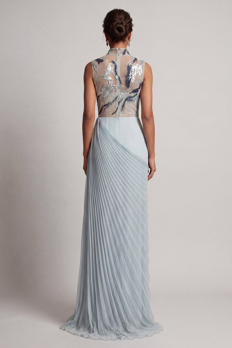 Laden Sie das Bild in den Galerie-Viewer, Staubiges blaues Chiffon-Plissiert, hochhalsiger langer Mutter-der-der-Braut-Kleid