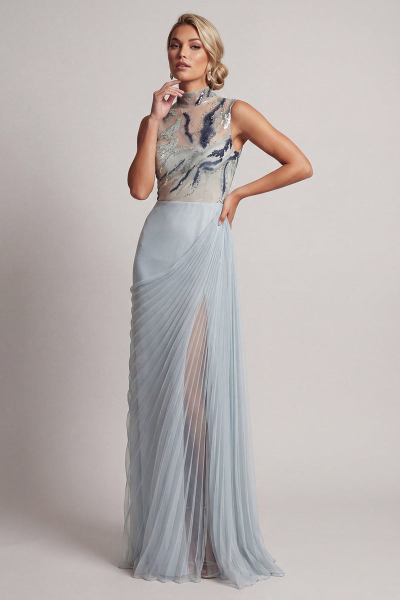 Laden Sie das Bild in den Galerie-Viewer, Staubiges blaues Chiffon-Plissiert, hochhalsiger langer Mutter-der-der-Braut-Kleid