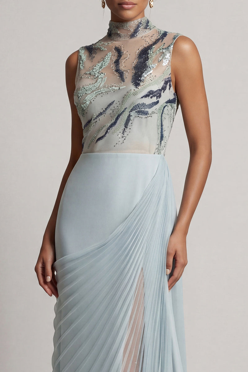 Laden Sie das Bild in den Galerie-Viewer, Staubiges blaues Chiffon-Plissiert, hochhalsiger langer Mutter-der-der-Braut-Kleid