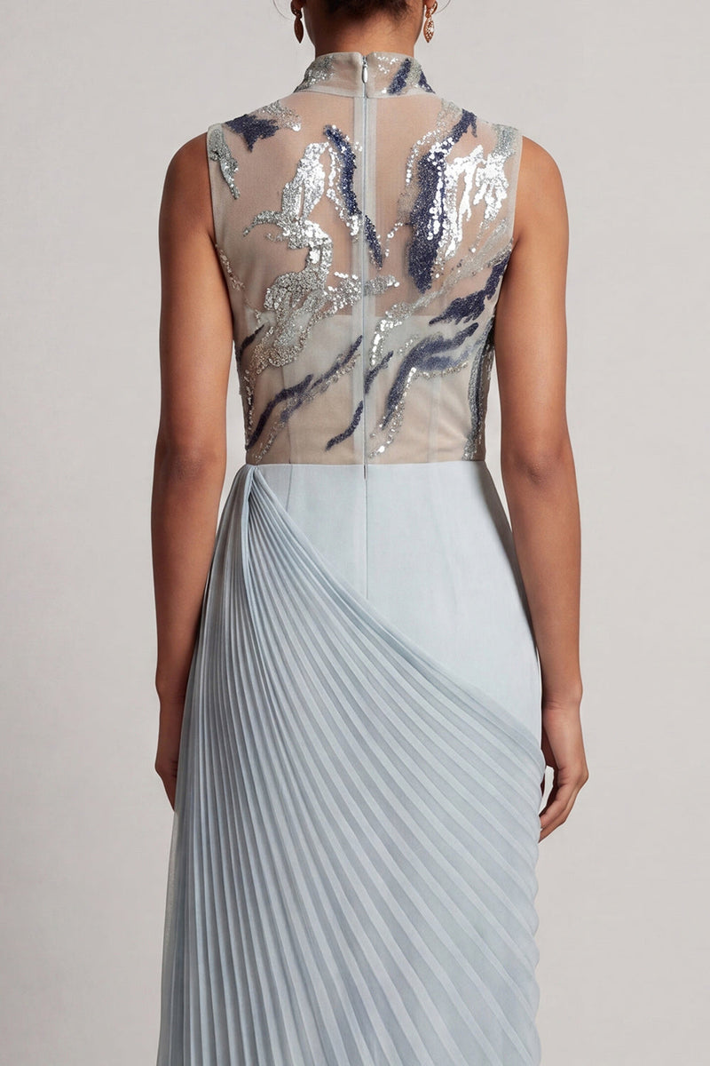 Laden Sie das Bild in den Galerie-Viewer, Staubiges blaues Chiffon-Plissiert, hochhalsiger langer Mutter-der-der-Braut-Kleid