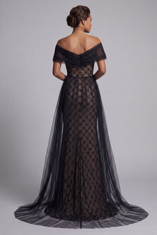 Schwarz karierte, perlenbesetzte Meerjungfrau Lange Mutter der Braut Kleid mit Umhang