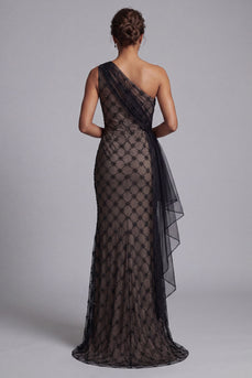 Schwarz karierte einschulterige Meerjungfrau Lange Mutter der Braut Kleid mit Rüschen