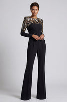 Laden Sie das Bild in den Galerie-Viewer, Glitzernde schwarze Pailletten, langärmeliger Rundhalsausschnitt, geraffter Mothe of the Bride Jumpsuits