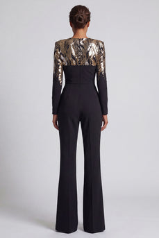 Glitzernde schwarze Pailletten, langärmeliger Rundhalsausschnitt, geraffter Mothe of the Bride Jumpsuits