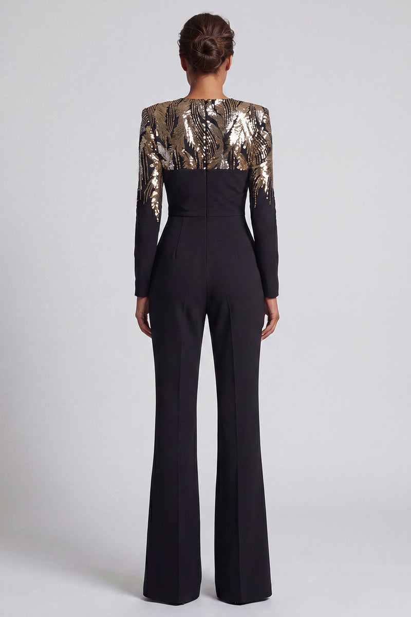 Laden Sie das Bild in den Galerie-Viewer, Glitzernde schwarze Pailletten, langärmeliger Rundhalsausschnitt, geraffter Mothe of the Bride Jumpsuits