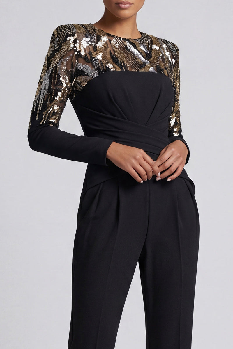 Laden Sie das Bild in den Galerie-Viewer, Glitzernde schwarze Pailletten, langärmeliger Rundhalsausschnitt, geraffter Mothe of the Bride Jumpsuits