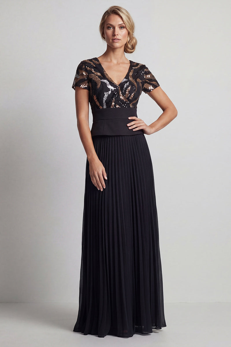 Laden Sie das Bild in den Galerie-Viewer, Glitzerndes schwarzes Chiffon-Plissiert, ein langes Mutter-der-der-Braut-Kleid mit Ärmeln