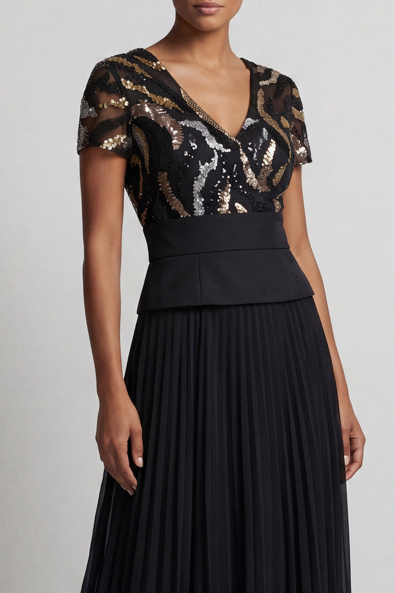Laden Sie das Bild in den Galerie-Viewer, Glitzerndes schwarzes Chiffon-Plissiert, ein langes Mutter-der-der-Braut-Kleid mit Ärmeln
