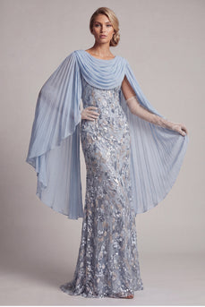 Glitzerndes himmelblaues, perlenbesetztes Meerjungfrauenkleid Lange Mutter der Braut mit Umhang