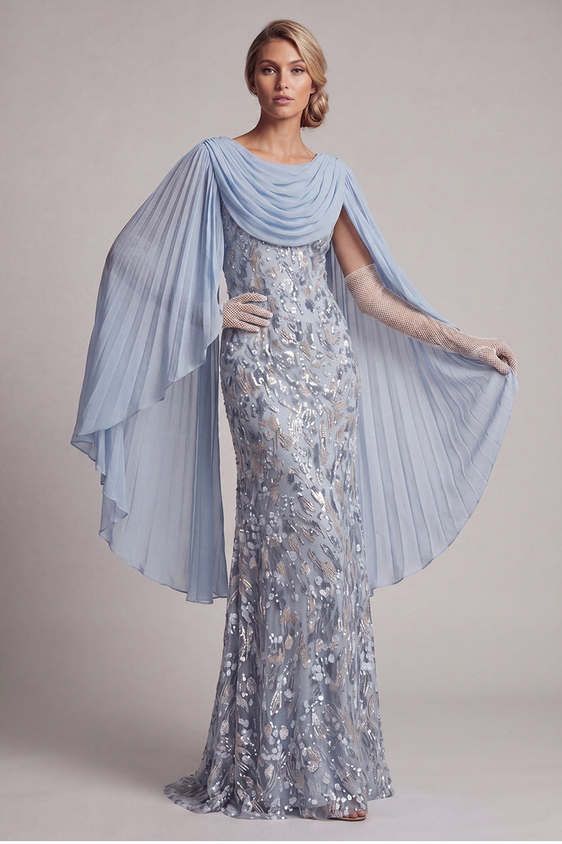 Laden Sie das Bild in den Galerie-Viewer, Glitzerndes himmelblaues, perlenbesetztes Meerjungfrauenkleid Lange Mutter der Braut mit Umhang