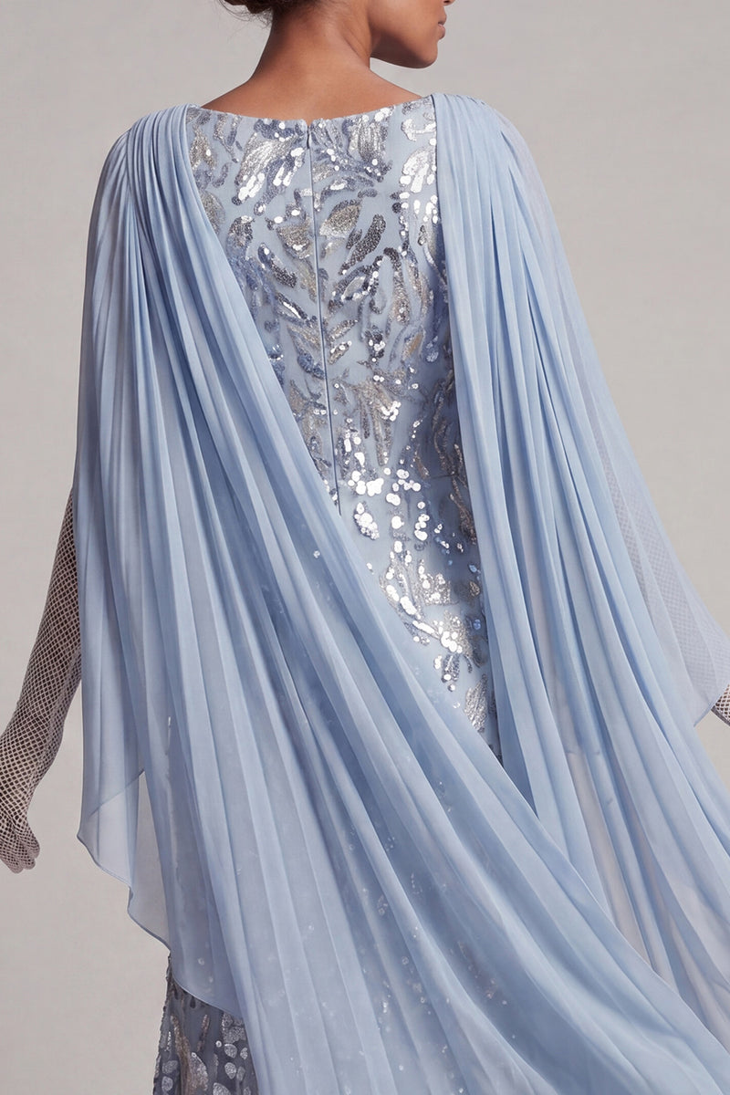 Laden Sie das Bild in den Galerie-Viewer, Glitzerndes himmelblaues, perlenbesetztes Meerjungfrauenkleid Lange Mutter der Braut mit Umhang