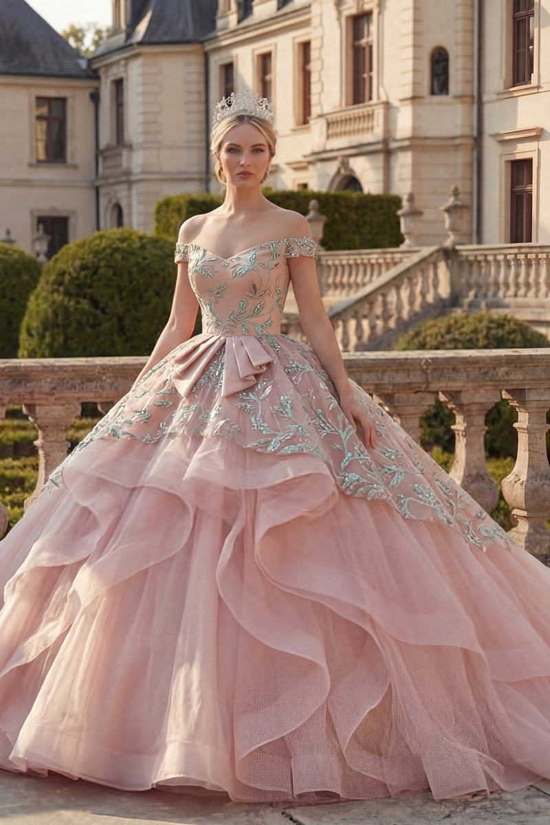 Laden Sie das Bild in den Galerie-Viewer, Off-the-shoulder Ballkleid Blush Rüschen Abschlusskleid