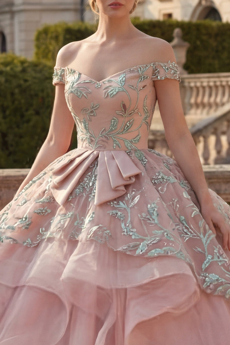 Laden Sie das Bild in den Galerie-Viewer, Off-the-shoulder Ballkleid Blush Rüschen Abschlusskleid